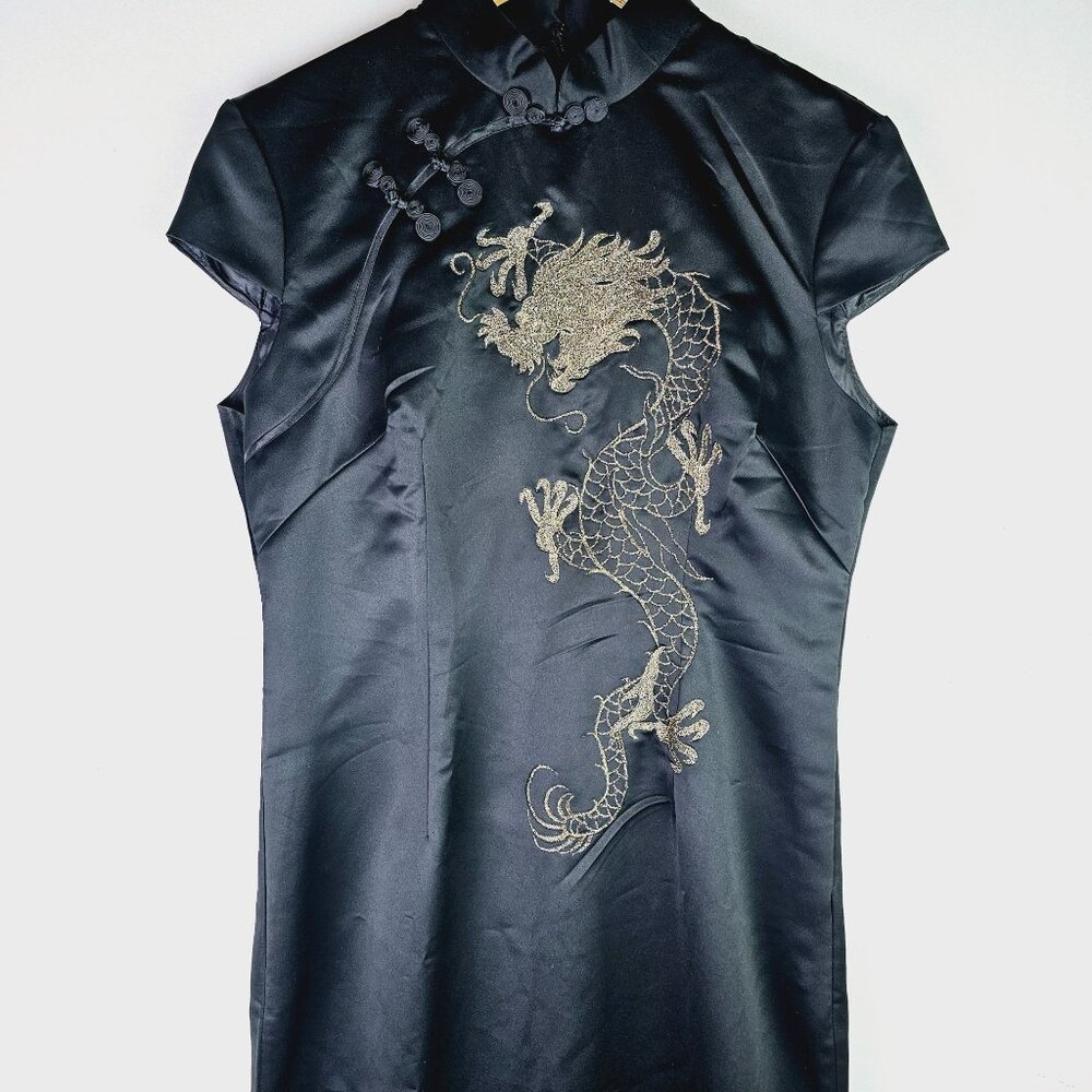 Vintage Y2K Ancient Moods Chinese Cheongsam Qipao Gold Dragon Embroidery Dress - Picture 2 of 8